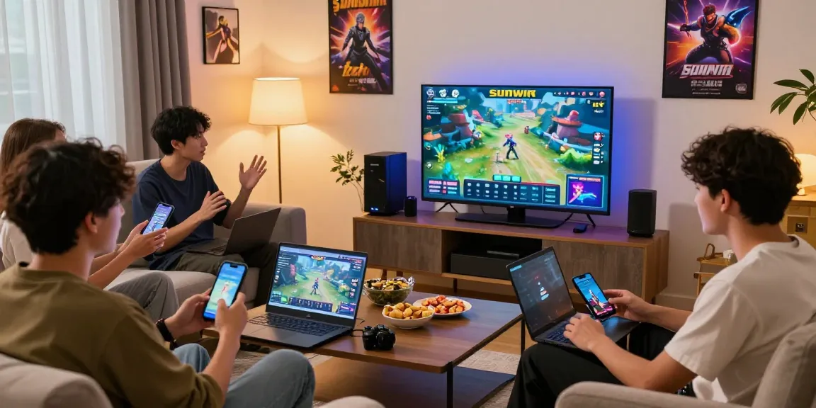 Group of friends enjoying Sun win games in a vibrant living room with laptops and snacks.