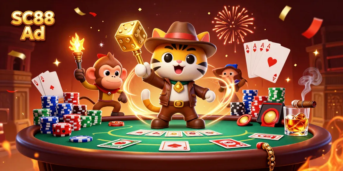 Engage in thrilling adventures with SC88 Ad featuring an archaeologist cat and monkey in a dynamic poker treasure hunt.