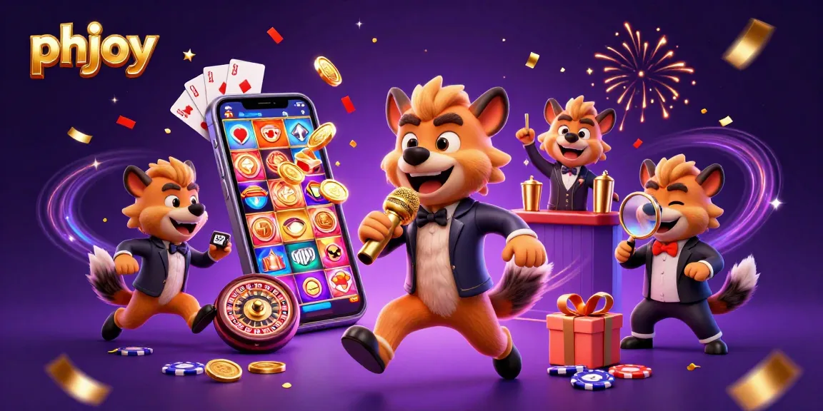 phjoy hyenas comedy casino scene with animated characters, slot games, and dynamic decorations.