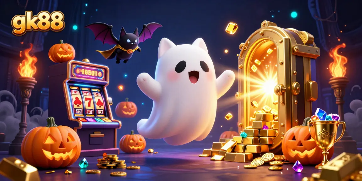 Experience excitement with gk88's ghost cat and vampire bat in a haunted casino scene.