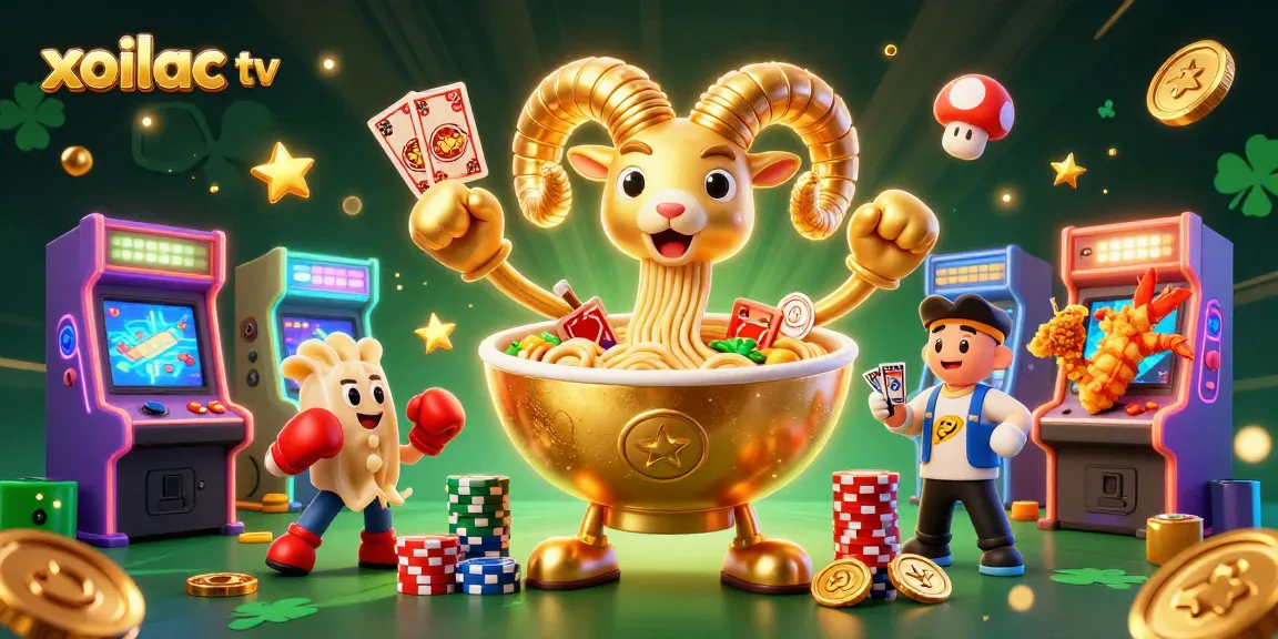 Xoilac TV offers a vibrant 3D illustration of cartoon characters interacting with a dynamic casino theme, providing an engaging visual experience.