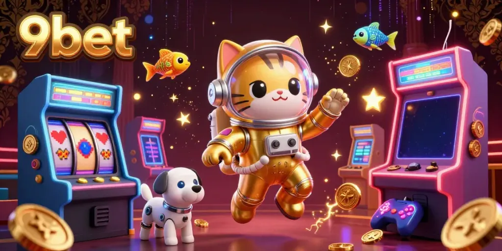 Engage with 9bet's vibrant casino experience featuring a golden astronaut cat and robot dog.