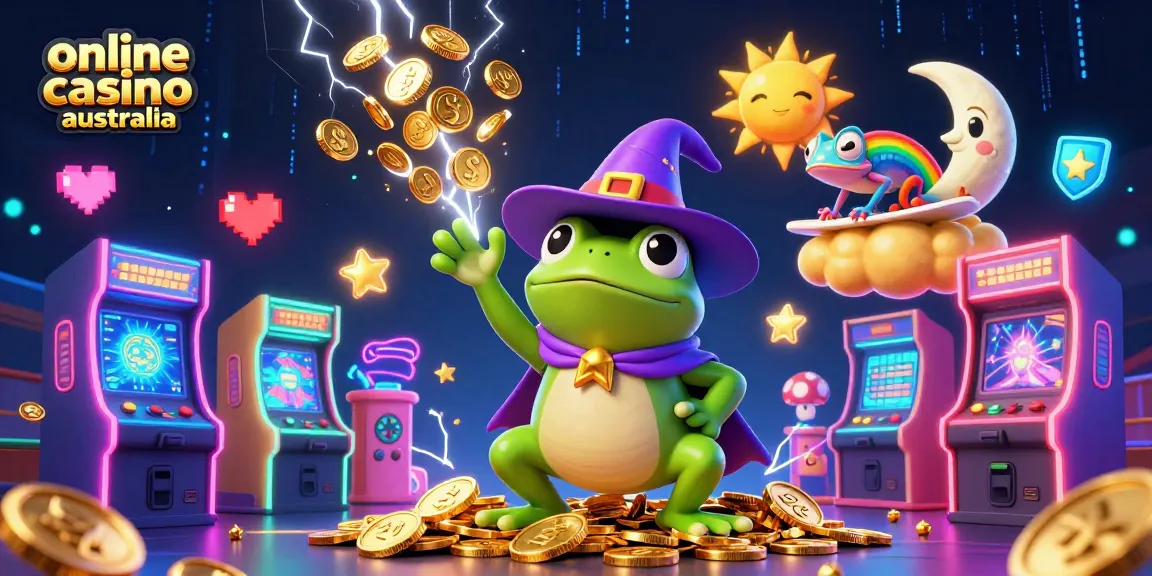 Experience the thrill of online casino Australia with cartoony wizard frogs and chameleons amidst golden coins.