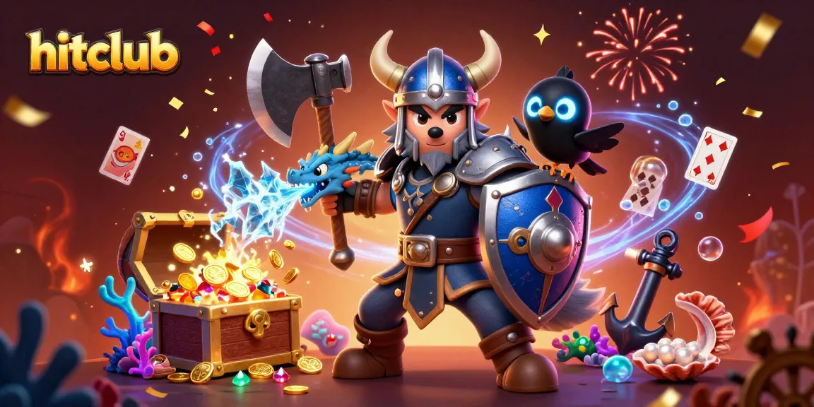 Hitclub players enjoy thrilling games with vibrant Viking warrior and dragon in a colorful casino scene.
