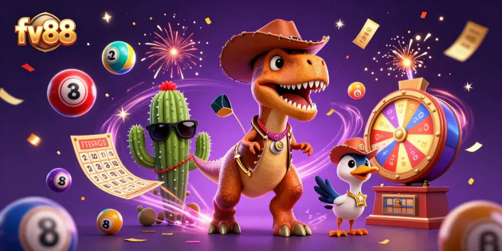 Engage with vibrant gaming fun on fv88 featuring a dynamic cowboy dinosaur, lively gaming elements, and lottery excitement.