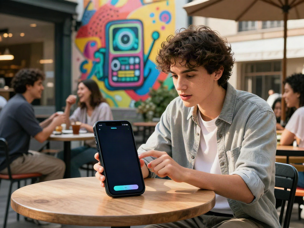 Young adult engaging with Juicy AI chatbot in a vibrant urban setting