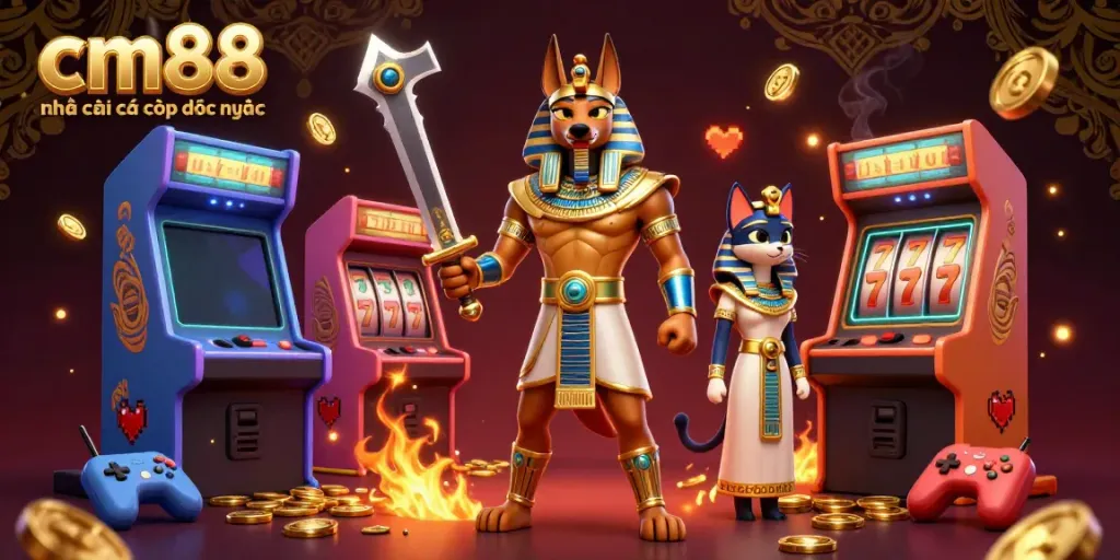 Experience the thrill of cm88 nhà cái cá cược độc quyền with Anubis and Bastet amid slot reels and arcade games.