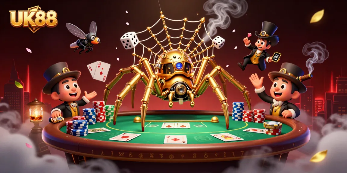 Spin the reels of UK88 with a dynamic steampunk-themed casino illustration showcasing poker elements.