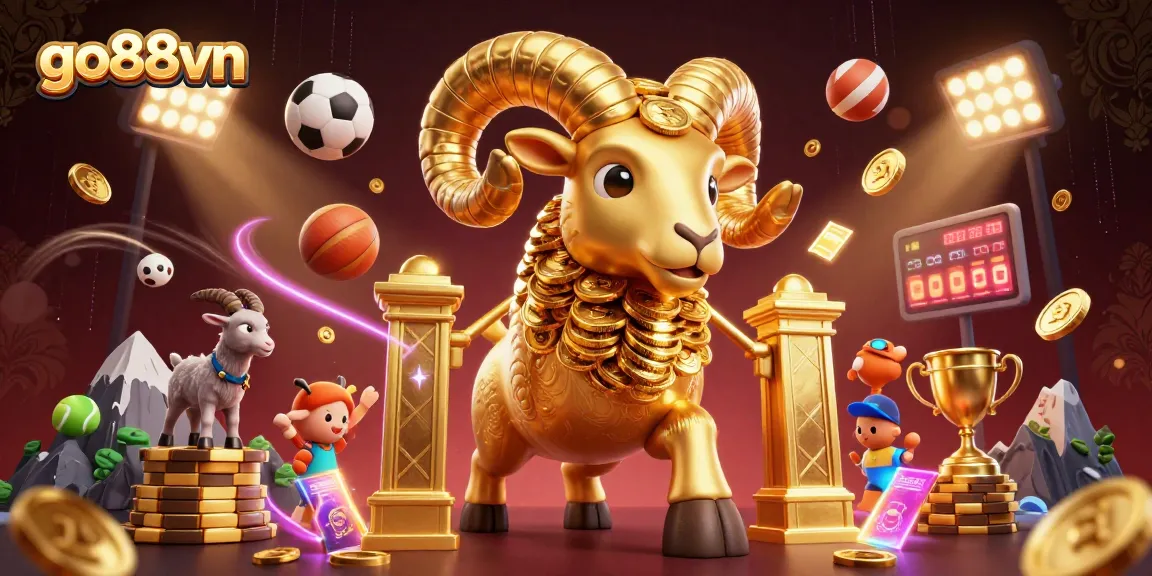 Experience thrilling games at go88vn, where a golden ram charges through a dazzling casino scene.