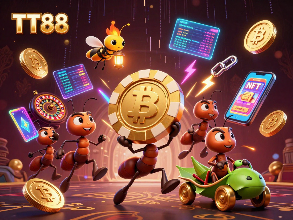 Experience TT88's exciting heist with cartoon ants, poker chips, and crypto elements in this dynamic casino scene.