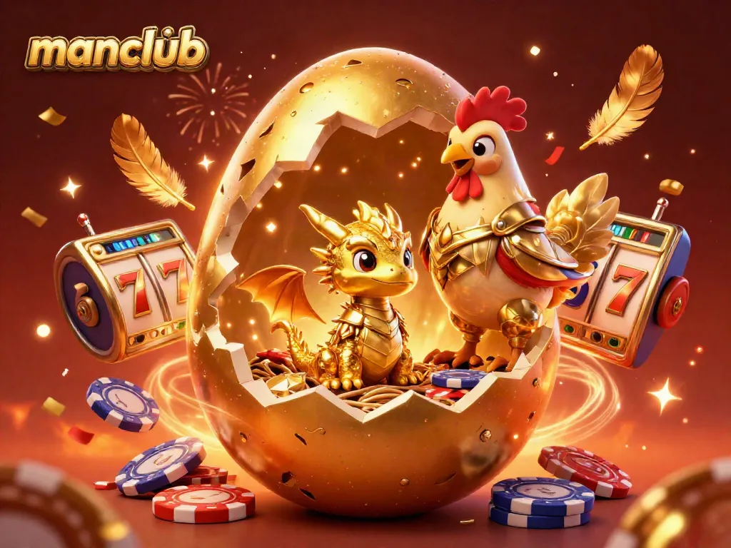 Experience manclub's captivating gaming world through a golden egg revealing a shimmering dragon among casino elements.