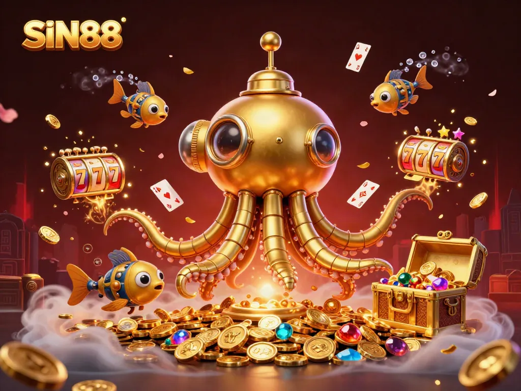 SIN88 invites players to dive into a treasure of golden coins and exciting slot games in a vibrant underwater scene.