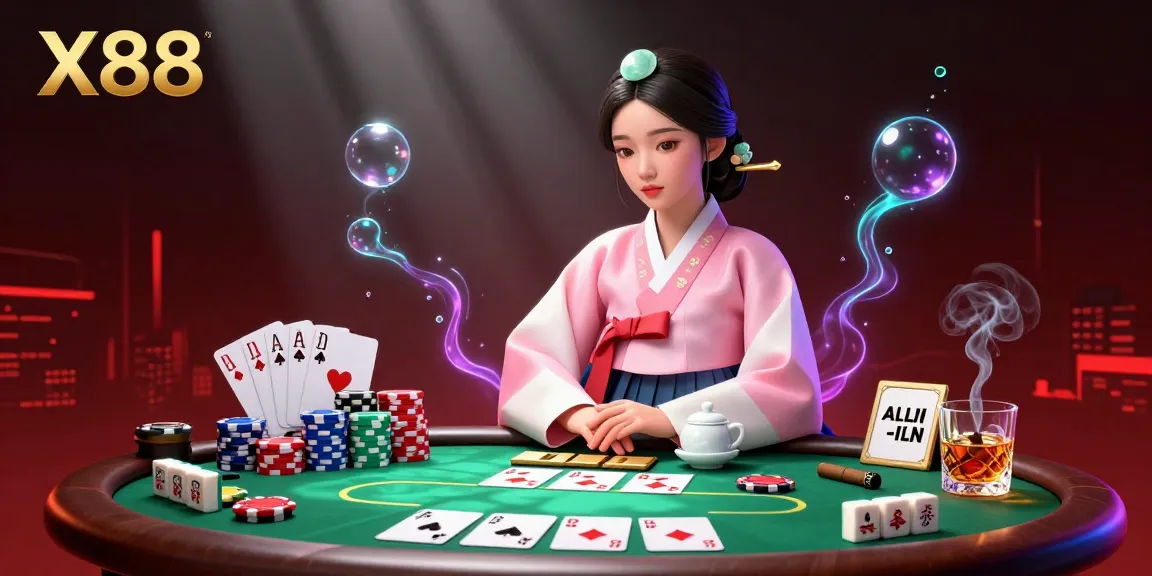 X88 showcases an elegant Asian woman amidst vibrant poker game elements, creating an engaging casino scene.