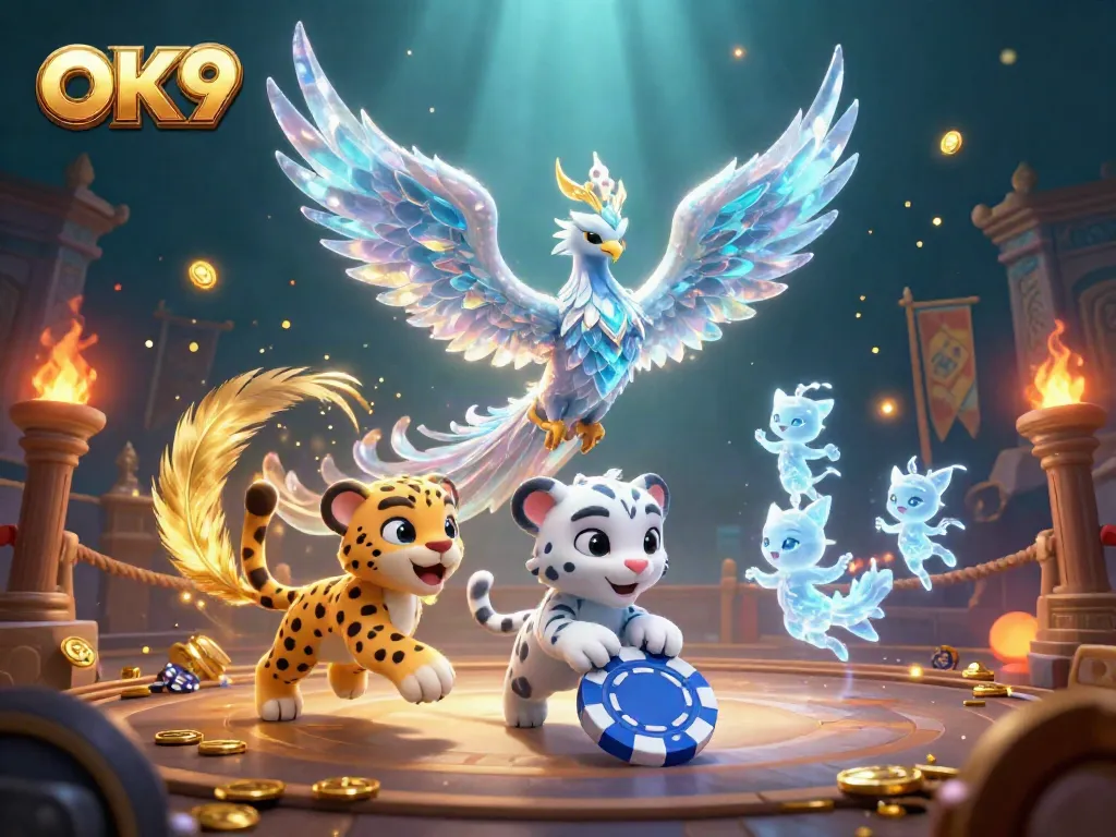 Engage with OK9's thrilling gaming world featuring a vibrant 3D phoenix among casino elements.