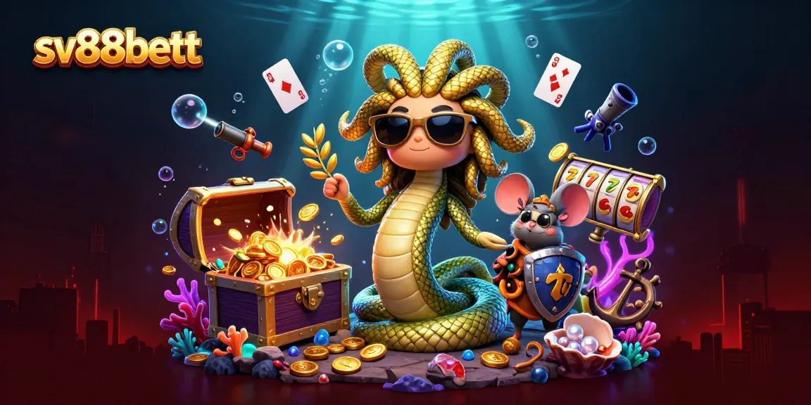 Engaging sv88bett casino scene with Medusa and a warrior mouse surrounded by slots and treasures