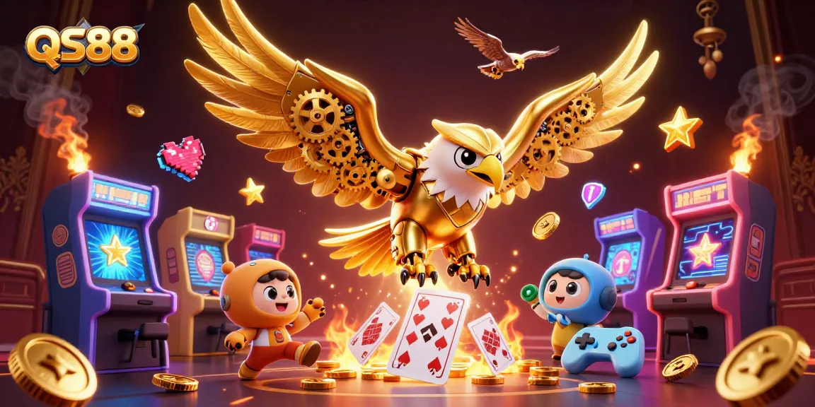 Experience the thrilling QS88 dive into gaming with a cartoon eagle amidst vibrant casino elements.