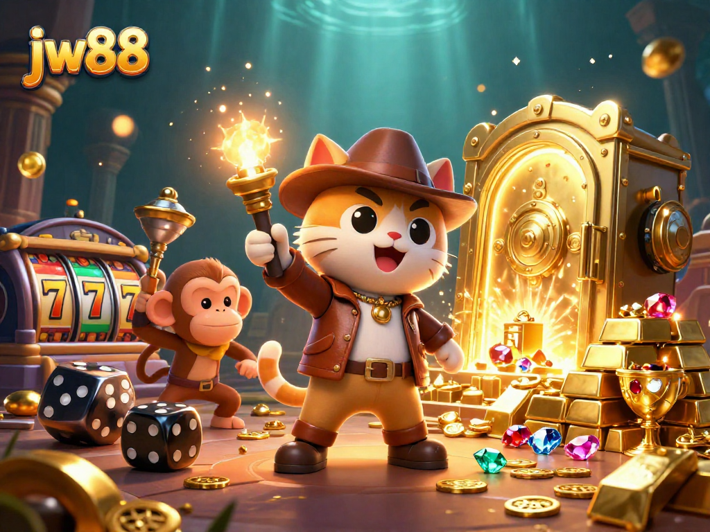 Engage with jw88 and explore the thrilling casino adventure with a daring archaeologist cat and its companion.