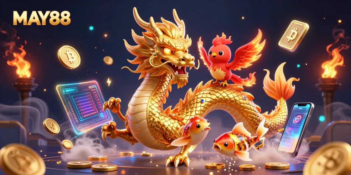 MAY88 showcases exciting gameplay with vibrant characters and cryptocurrency elements in a dynamic casino scene.