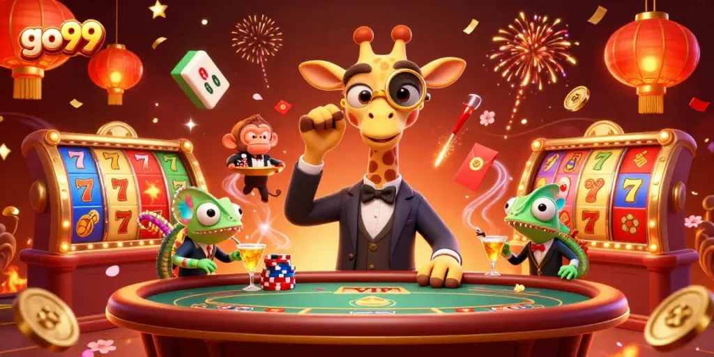 Join the excitement at go99 with a high-roller giraffe, monkey valet, and vibrant slot reels!