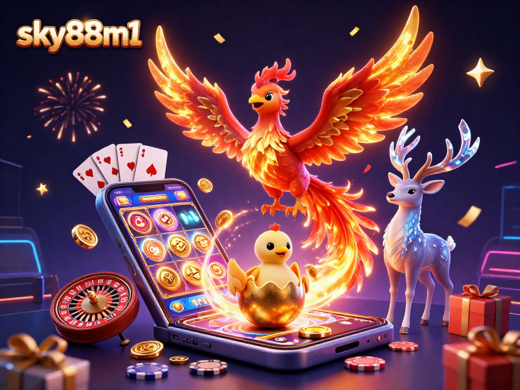 Engage with sky88m1 in a vibrant casino scene featuring phoenix elements and casino action.