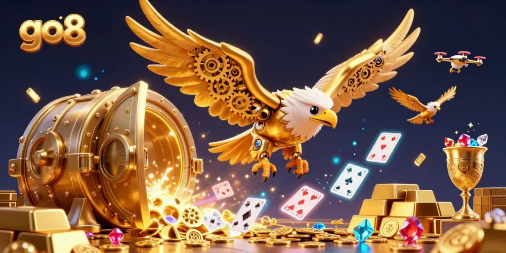 Engage with go8 as the golden eagle dives through holographic cards amidst sparkling treasures.