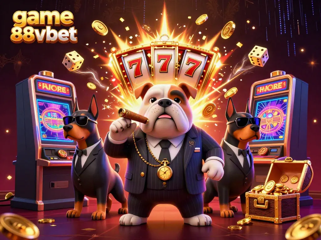 Experience the excitement of game 88vbet with cartoon mafia characters amidst casino symbols and jackpot riches.