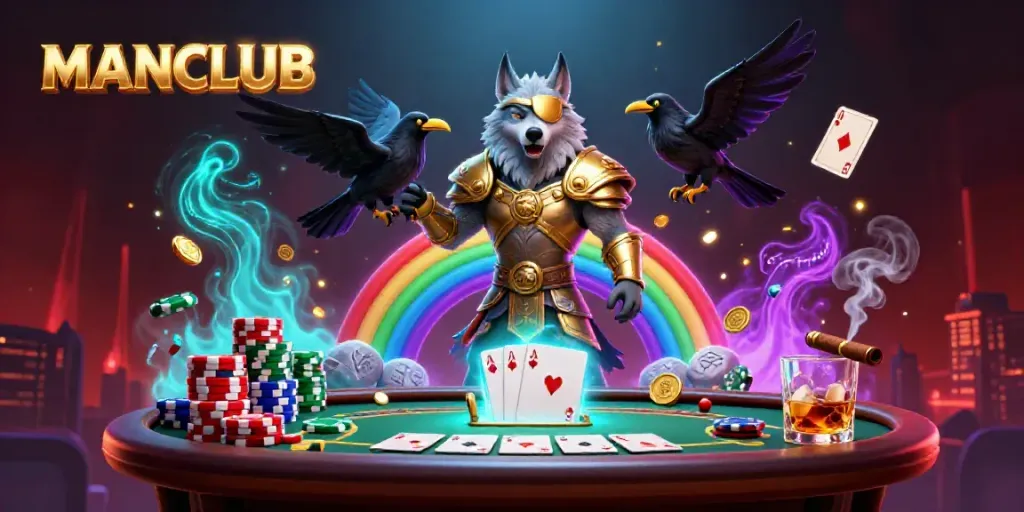 Engage with MANCLUB by exploring an immersive scene of poker elements and Norse mythology characters.