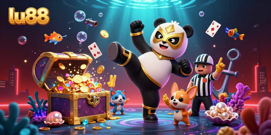 Experience the excitement of lu88 as the panda wrestler kicks off a thrilling casino challenge with gold coins and animal fans.