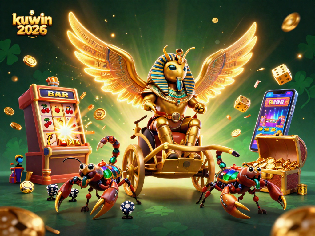 Experience kuwin 2026, a dynamic casino scene with golden elements and exciting games elements.