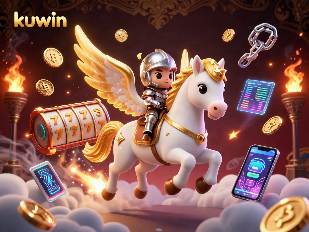 Kuwin enhances online gaming with a captivating casino scene featuring vibrant slot games and crypto coins.