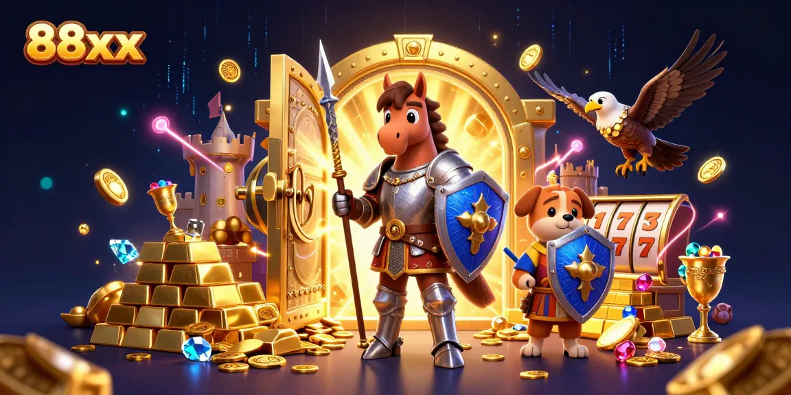 Engage with the exciting treasures of 88xx, featuring slot reels and a vibrant casino scene.