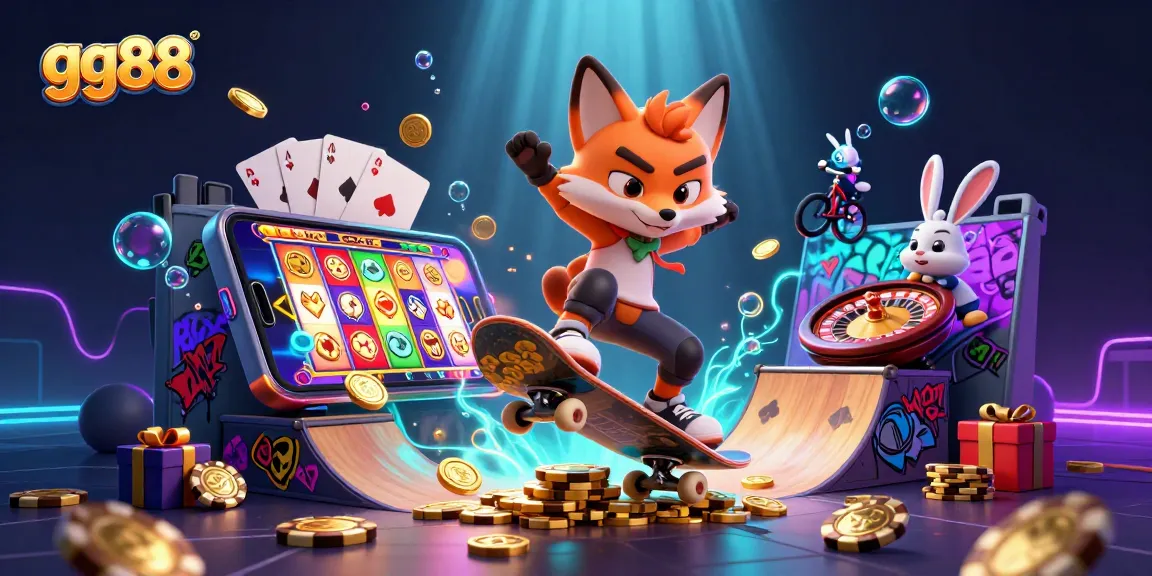 Join the dynamic thrill of gg88's casino action as characters entertain with vibrant slot games and golden poker chips.