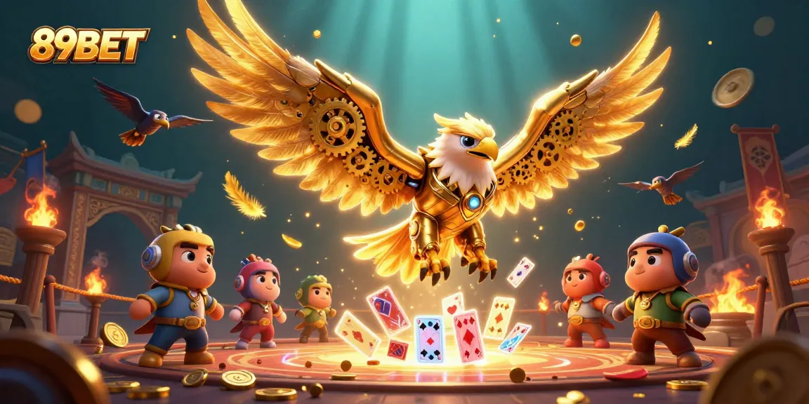 Engage with thrilling games at 89BET as a golden eagle dives through holographic cards.