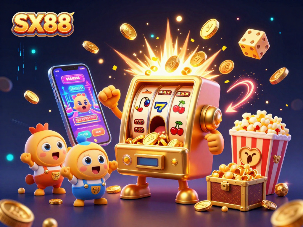 SX88 slot machine wins jackpot showering coins, with cheering baby slots and popcorn sidekick.