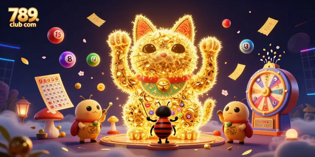 Experience the excitement of 789club com through vibrant 3D casino-themed elements and lucky symbols.