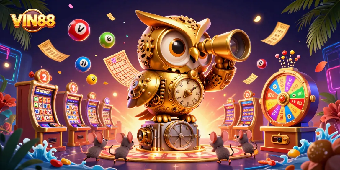 Engage with VIN88's vibrant 3D casino illustration showcasing dynamic lottery elements and a whimsical owl.