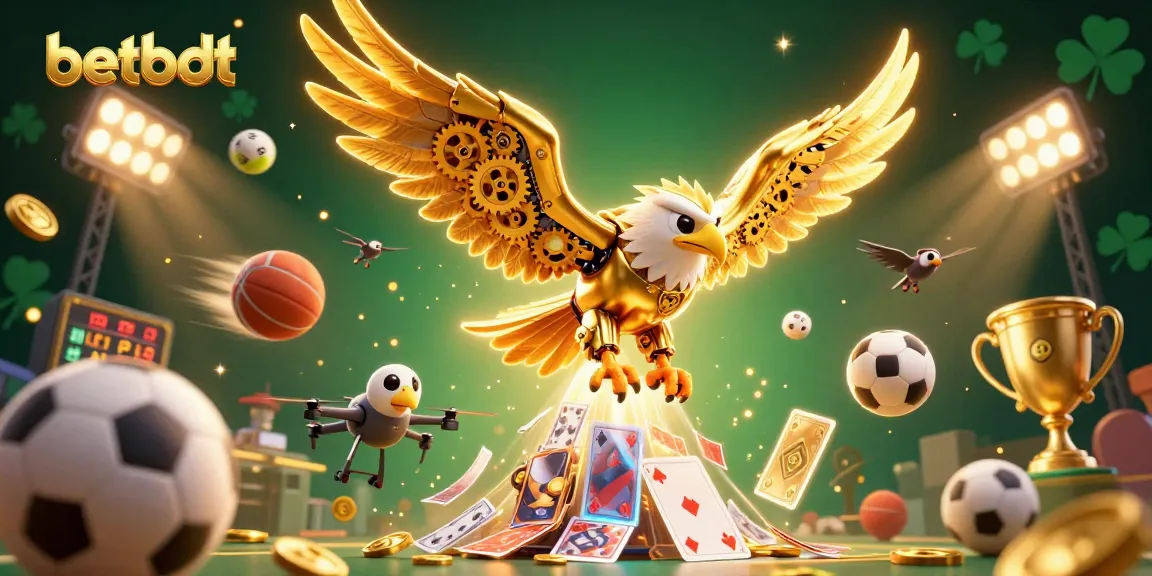 Experience thrilling gameplay with betbdt as a golden eagle dives through holographic cards.