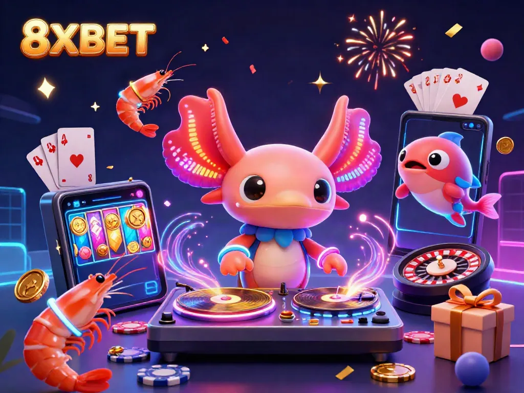 8XBET showcases an energetic underwater DJ scene with vibrant casino elements like slots and cards.