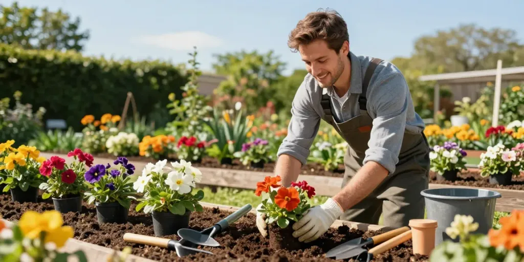Een zorgvuldig aangelegde tuin met kleurrijke bloemen en tuinaccessoires van tuin-winkel.