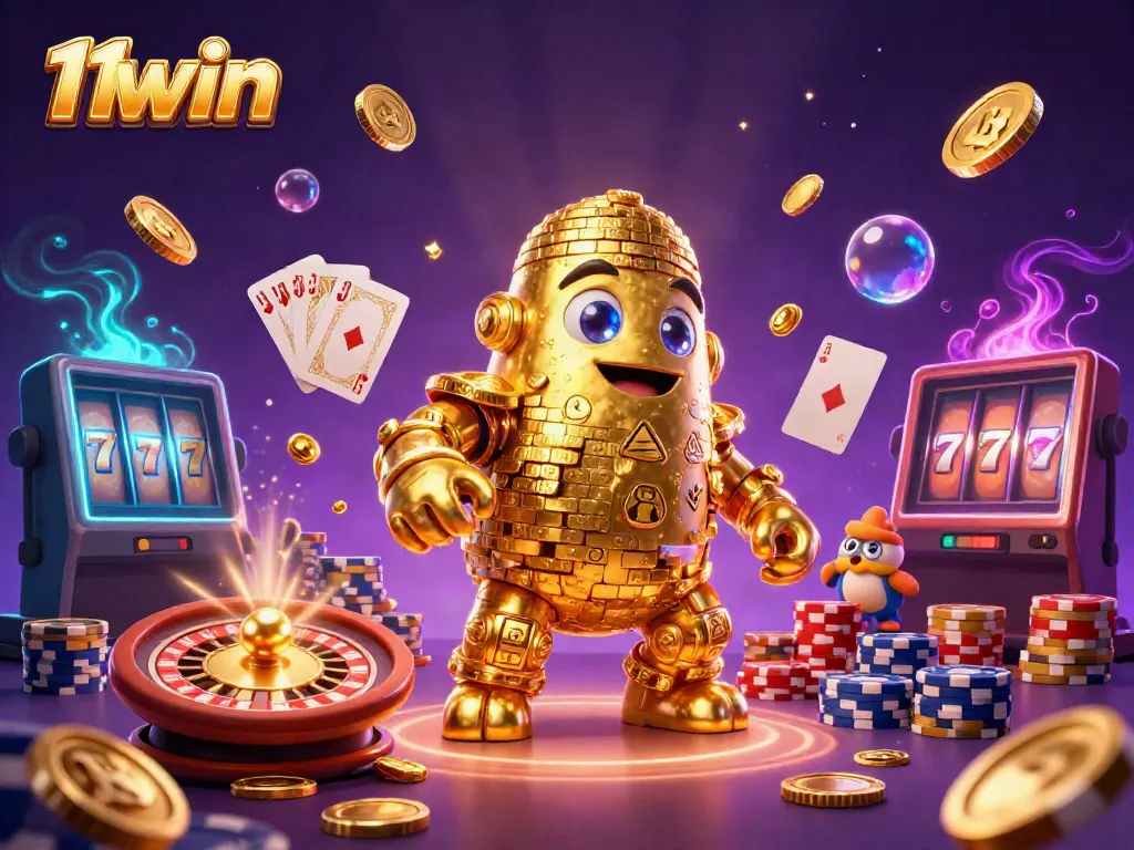 11win captivating scene with a golden golem amidst dazzling casino elements, ideal for online gambling.