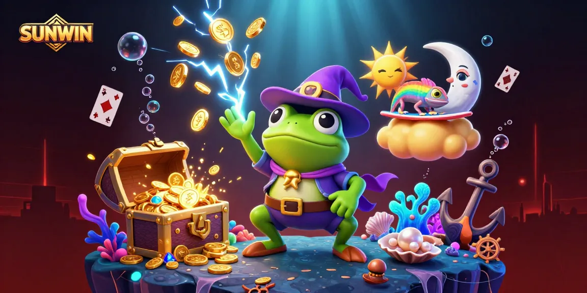 SUNWIN showcases an exciting scene of a frog wizard conjuring coins and a chameleon riding clouds, enhancing your betting experience.