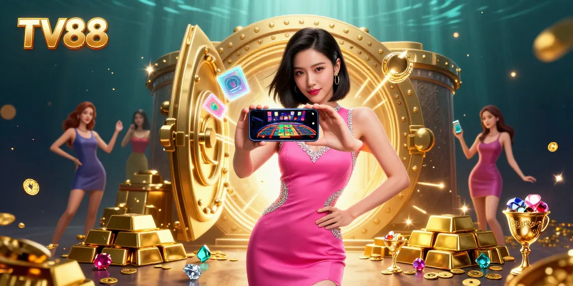 Engage in thrilling live dealer games with TV88 and unlock golden treasures in a vibrant casino illustration