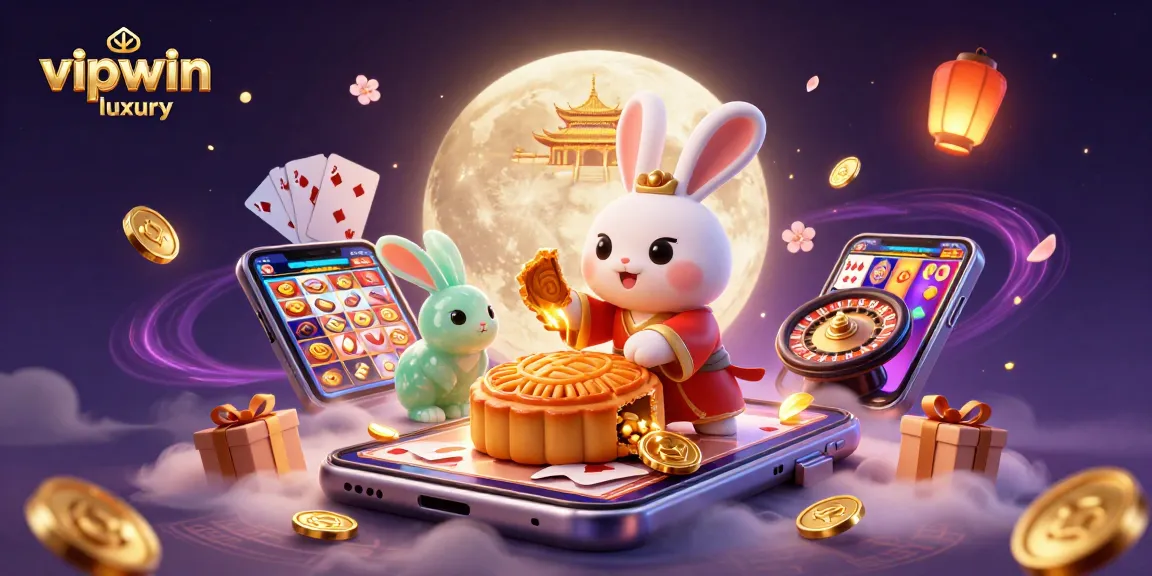 Experience winning moments at vipwin luxury with a 3D moon rabbit illustration featuring captivating casino elements.