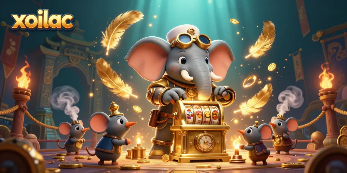 Xoilac brings excitement with a steampunk elephant operating a golden slot machine while surrounded by dynamic casino elements.