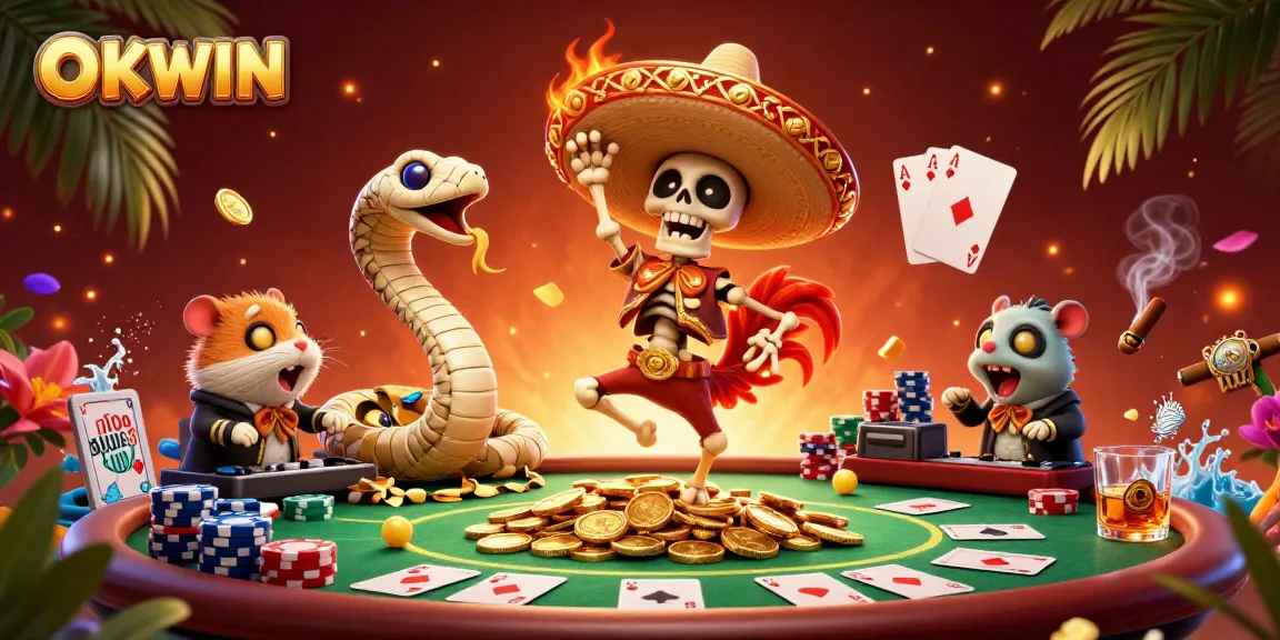 Engage in thrilling gameplay at OKWIN with vibrant casino characters celebrating victories, surrounded by poker elements.