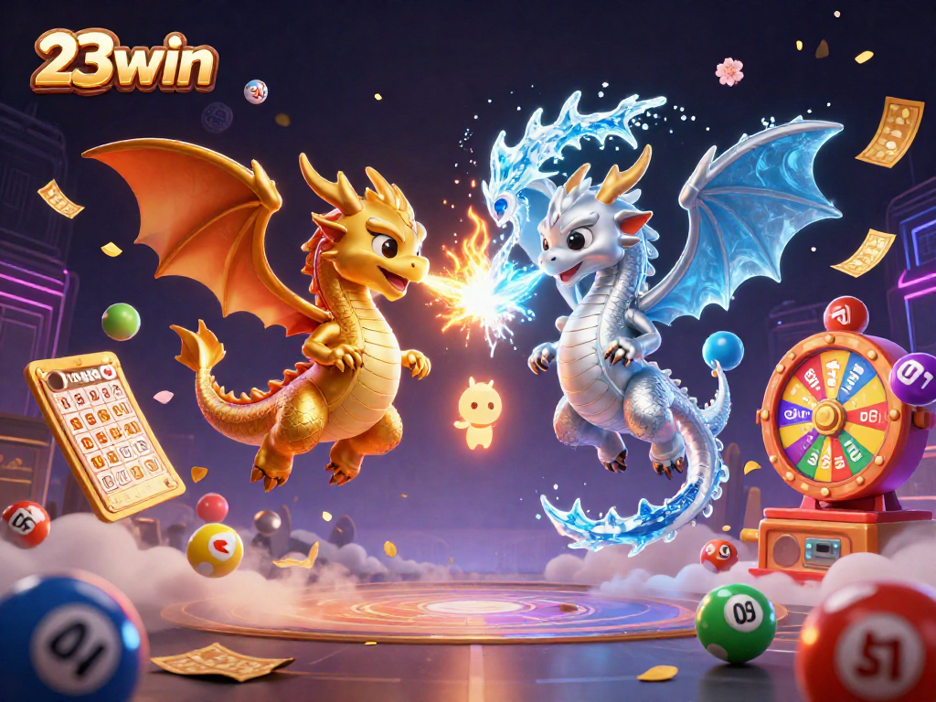 Explore the dynamic world of 23win with vibrant lottery elements and charming dragon companions.