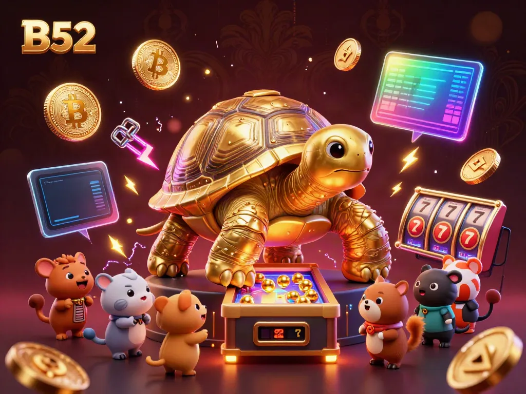 Engaging B52-themed casino illustration showcasing a colossal golden tortoise as a pinball machine with vibrant game elements.
