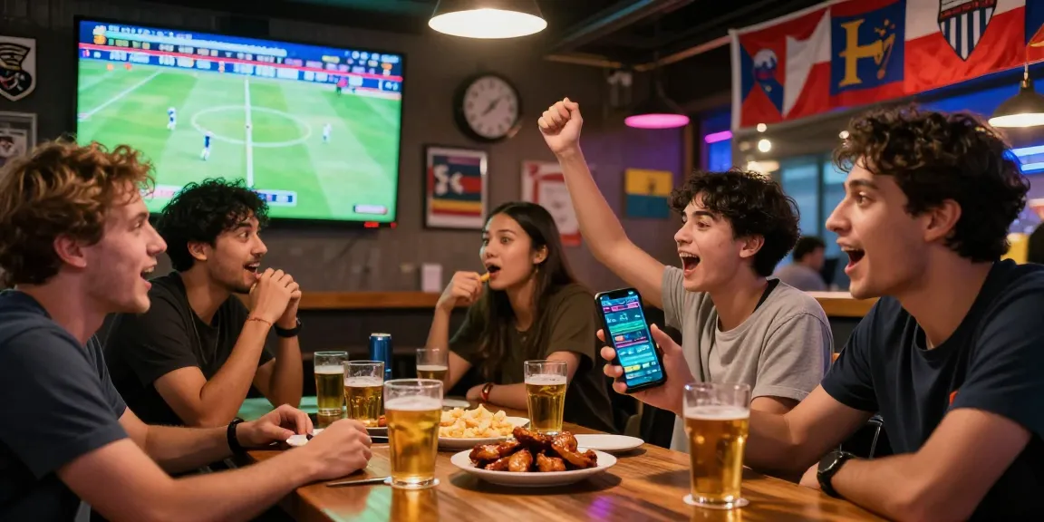 Excited friends at a sports bar watching a World Cup match, engaged with kèo nhà cái updates on smartphone.