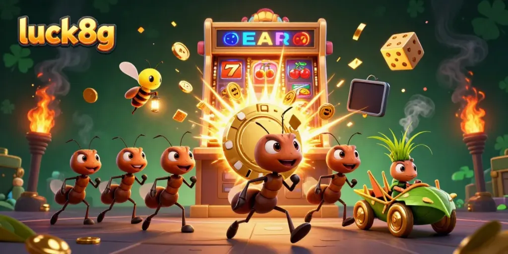 Experience big wins with luck8g in an exciting 3D casino heist scene featuring ants and golden treasure.