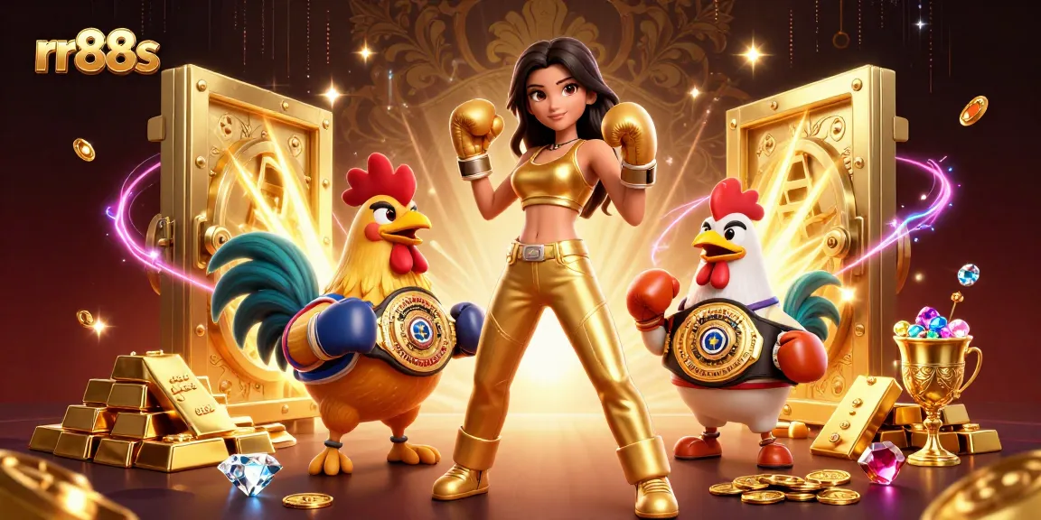 rr88s players engaging in high-stakes gambling under a sparkling gold vault, featuring energetic characters.